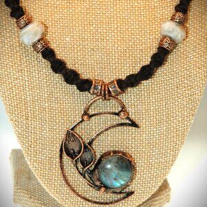 Dynamic Copper-Toned Moonstone & Leafs Crescent Moon on a Handmade Black Chain